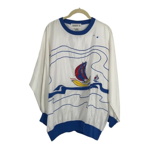 Adolfo 2 vintage white & blue nautical banana boat retro 90s longsleeve shirt S - Picture 11 of 11